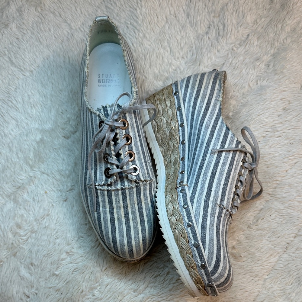 Stuart Weitzman Grey, Blue and White Striped Espadrilles